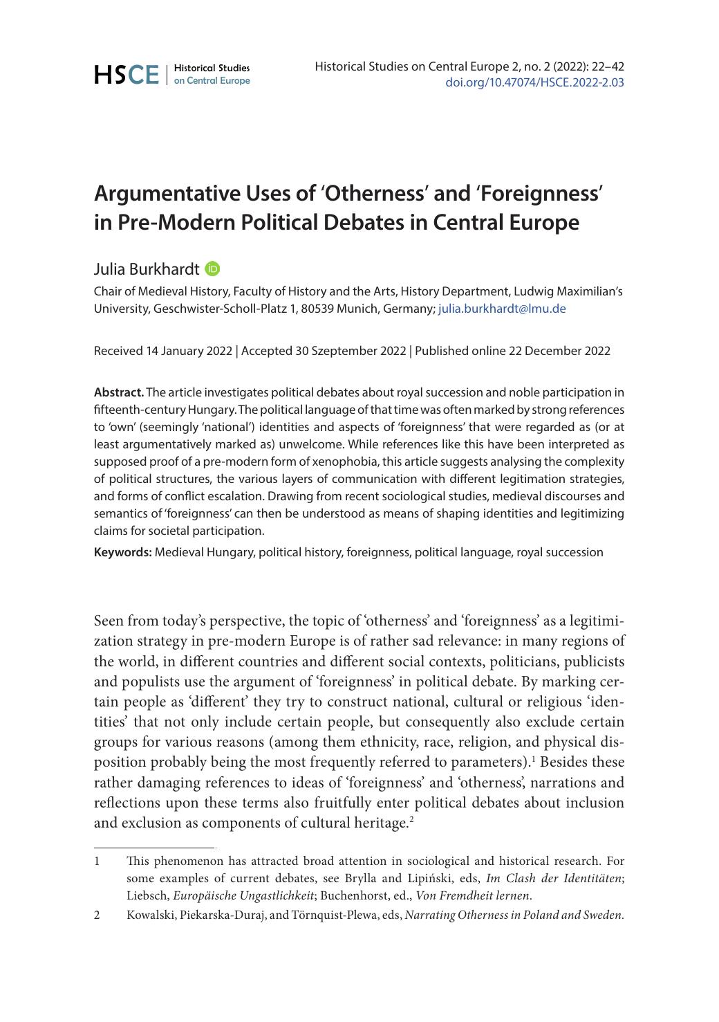 Argumentative Uses of ‘Otherness’ and ‘Foreignness’  in Pre-Modern Political Debates in Central Europe