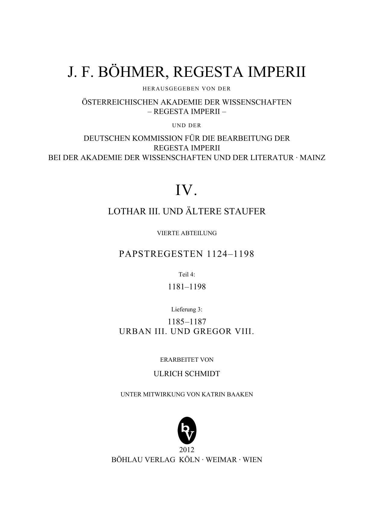 Regesta Imperii IV 4 4 3 Papstregesten 1185-1187