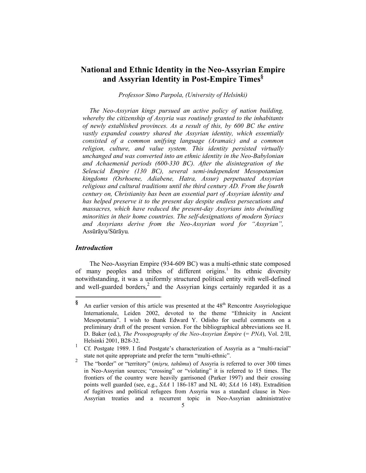 National and Ethnic Identity in the Neo-Assyrian Empire and Assyrian Identity in Post-Modern Times