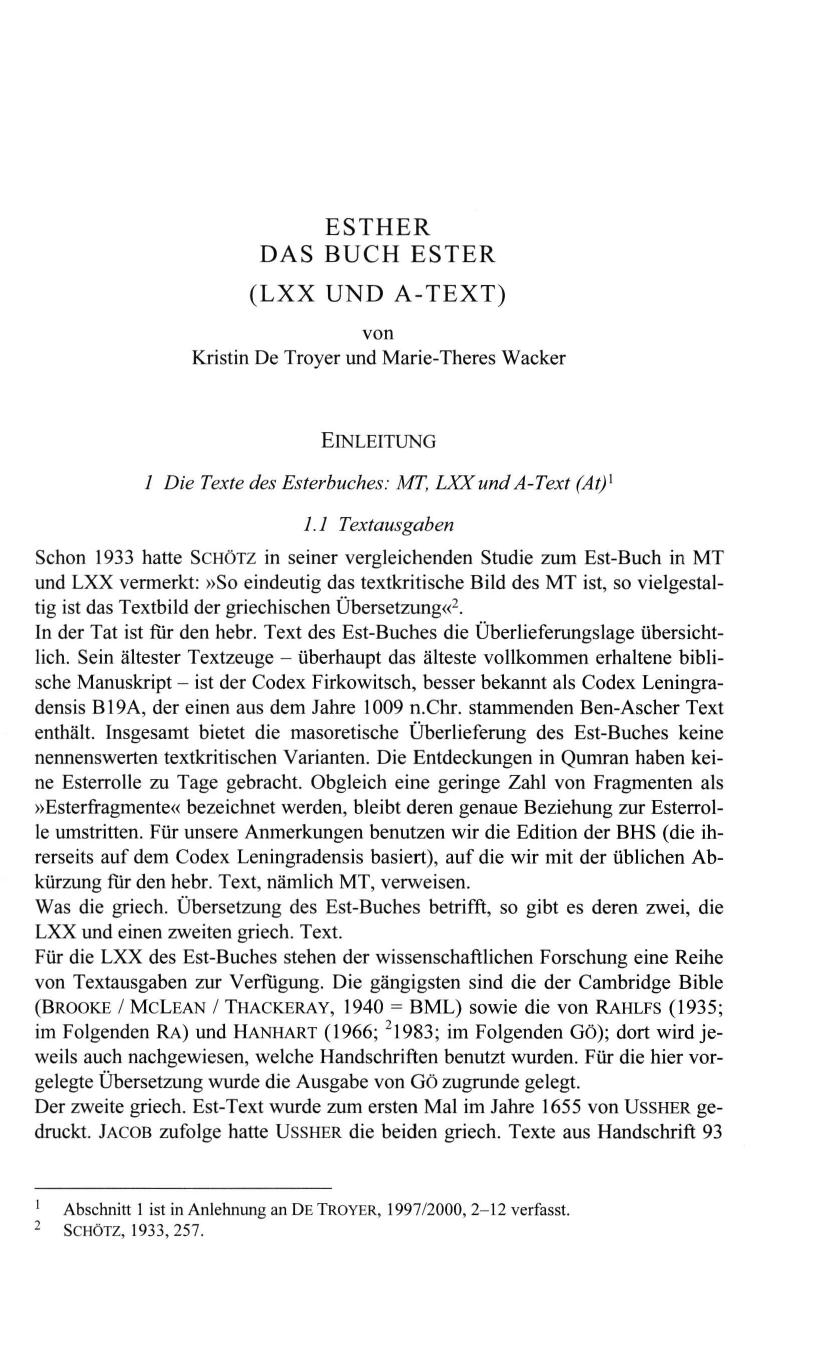 Esther das Buch Esther LXX und A Text