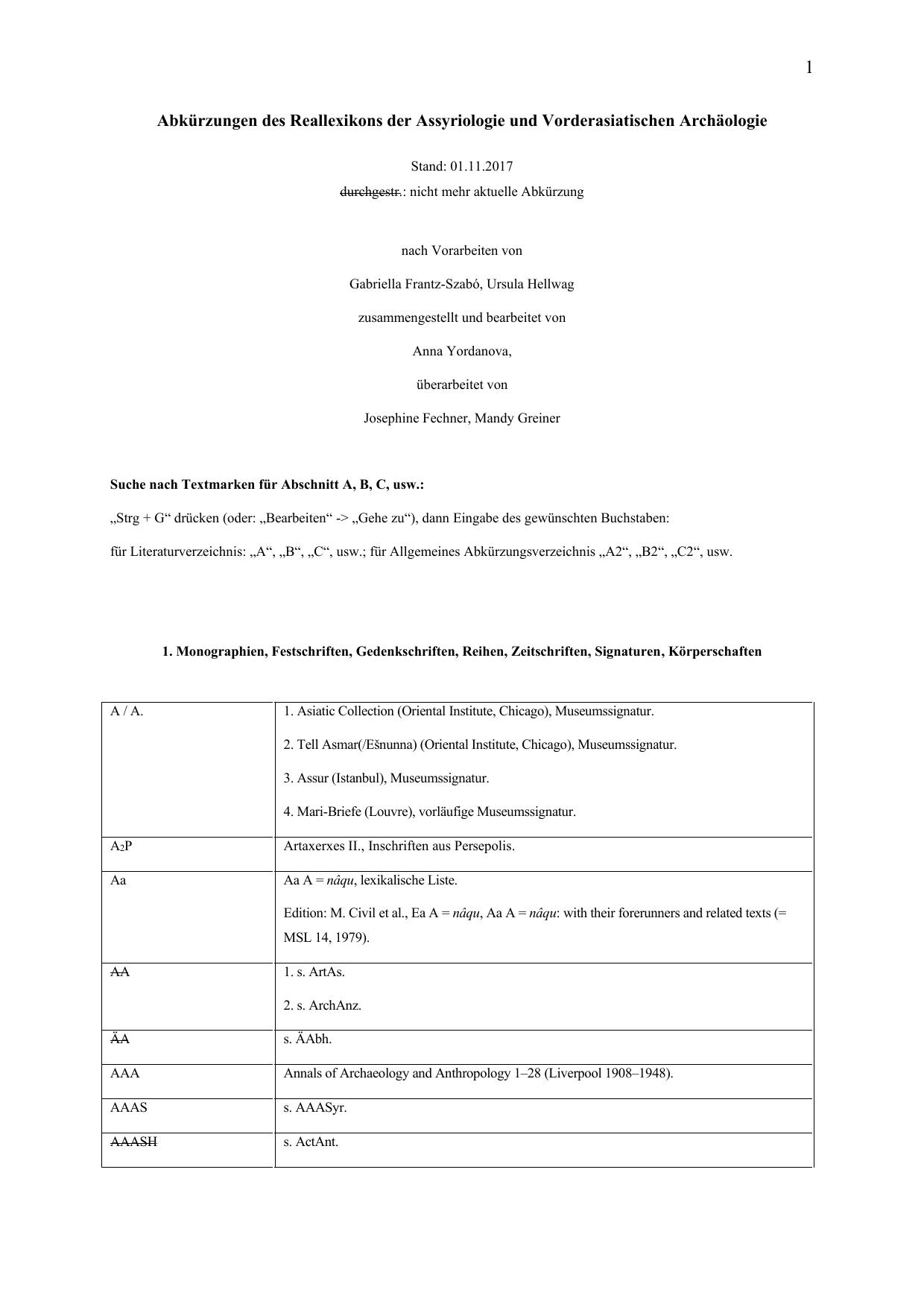 Abkürzungen des Reallexikons der Assyriologie und Vorderasiatischen Archäologie