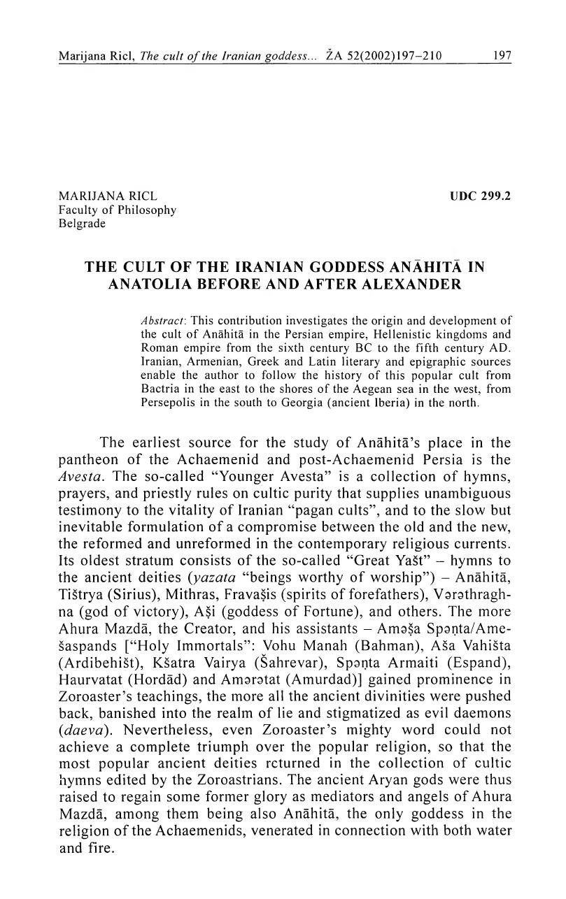 The cult of the Iranian Goddess Anahita in Anatolia before and after Alexander