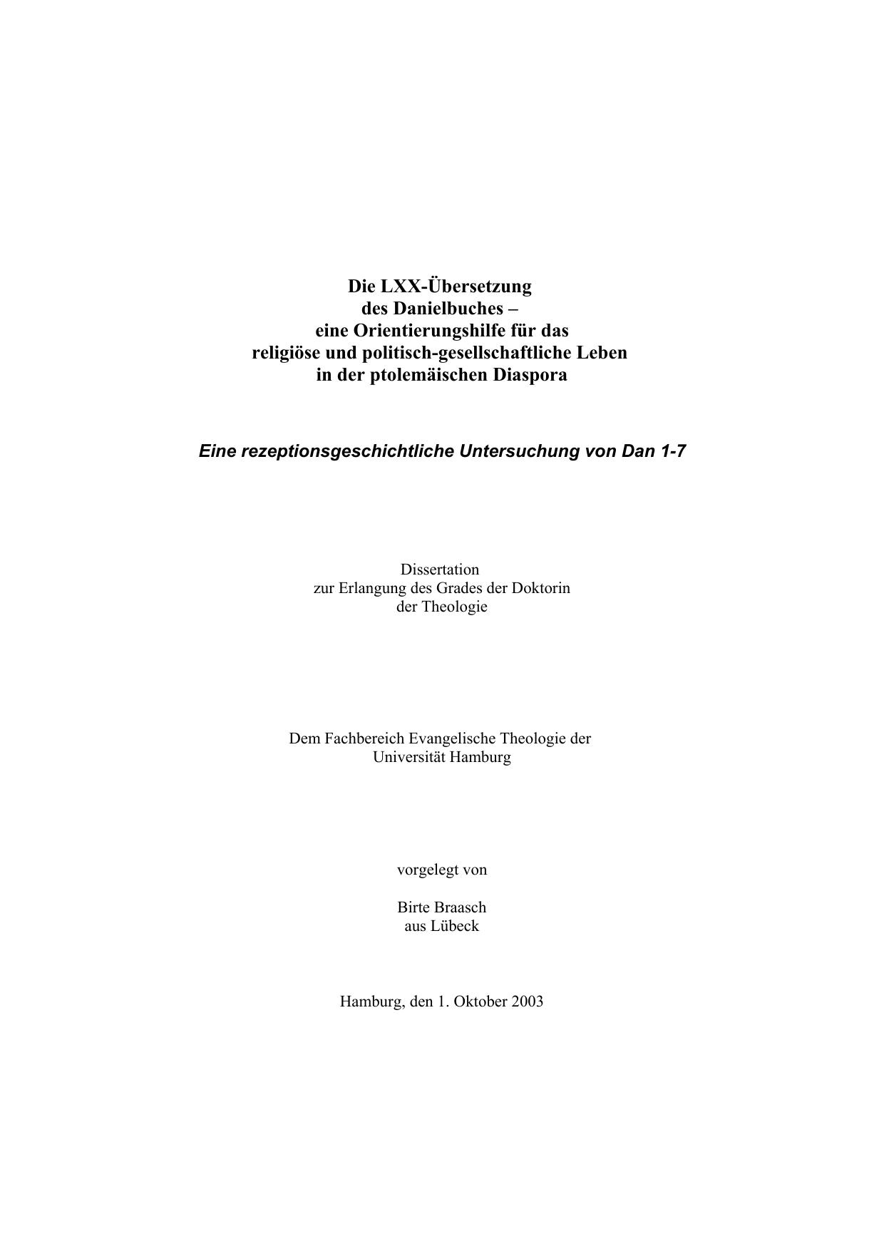 Die LXX-Übersetzung  des Danielbuches –  eine Orientierungshilfe für das  religiöse und politisch-gesellschaftliche Leben in der ptolemäischen Diaspora