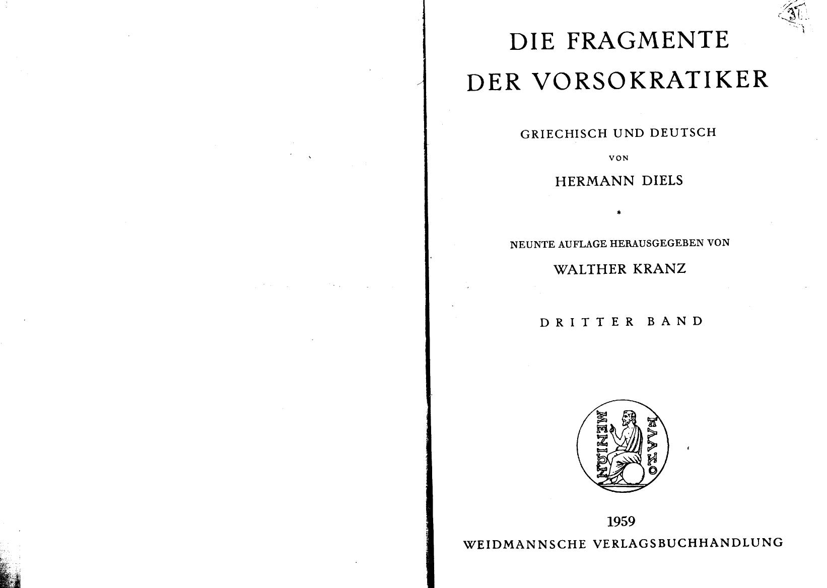 Die Fragmente Der Vorsokratiker Band 3 (Hermann Diels, Walther Kranz)