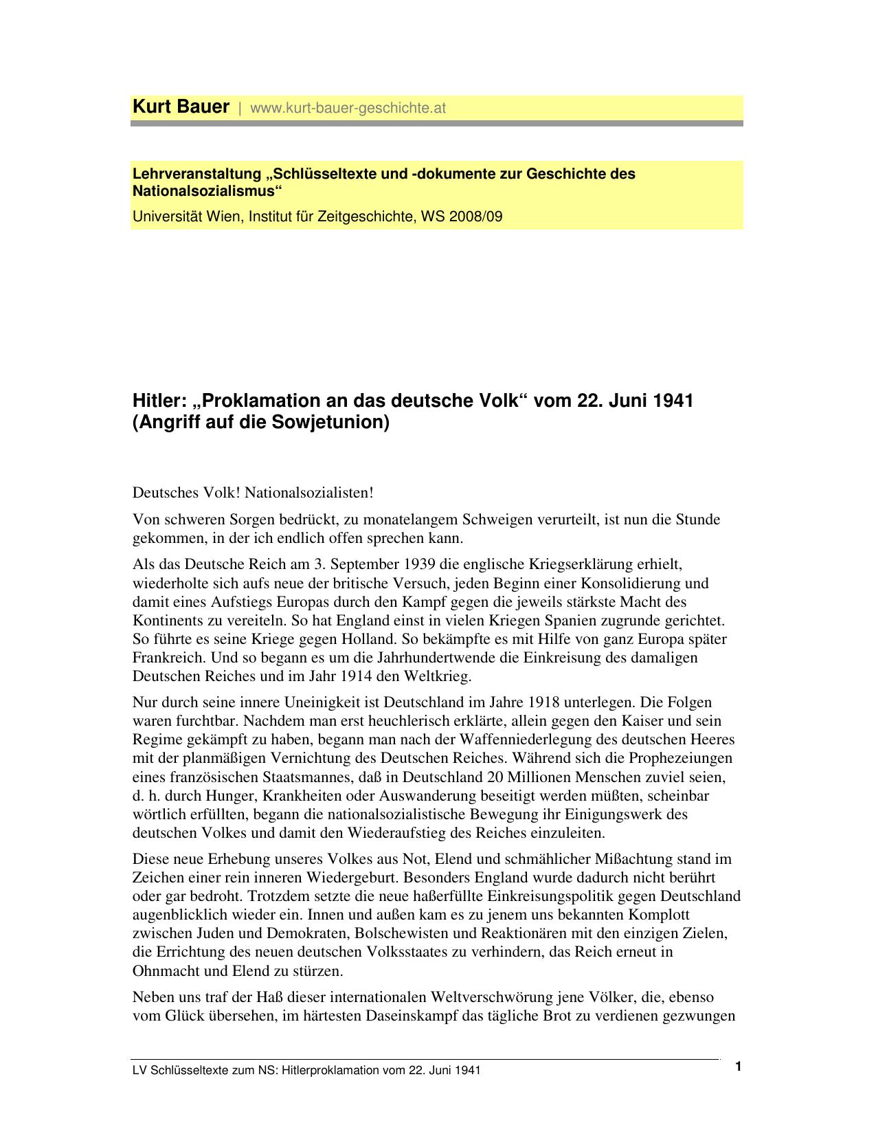 Proklamation and das Deutsche Volk 1941-06-22